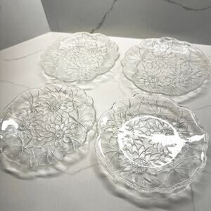 Set of 4 Clear Lily Pons Plate Round Glass Plate 8” Dessert Salad Clear Embossed